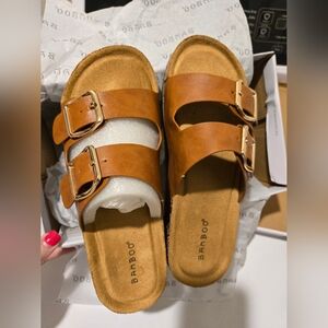 BAMBOO Women's Brown Double Buckle Sandals